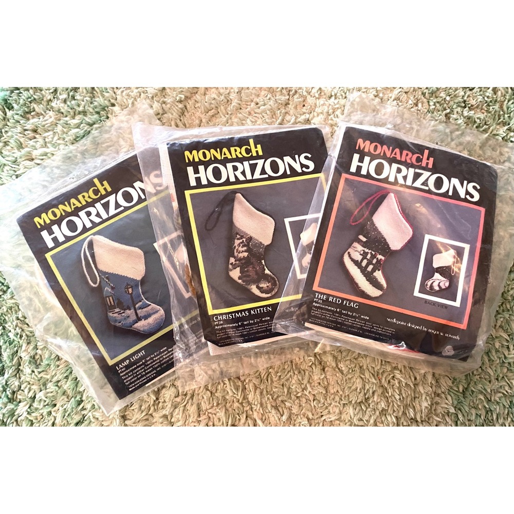 Lot 3 Monarch Horizons Needlepoint Stocking Ornament Kits 1979 Roger W Reinardy